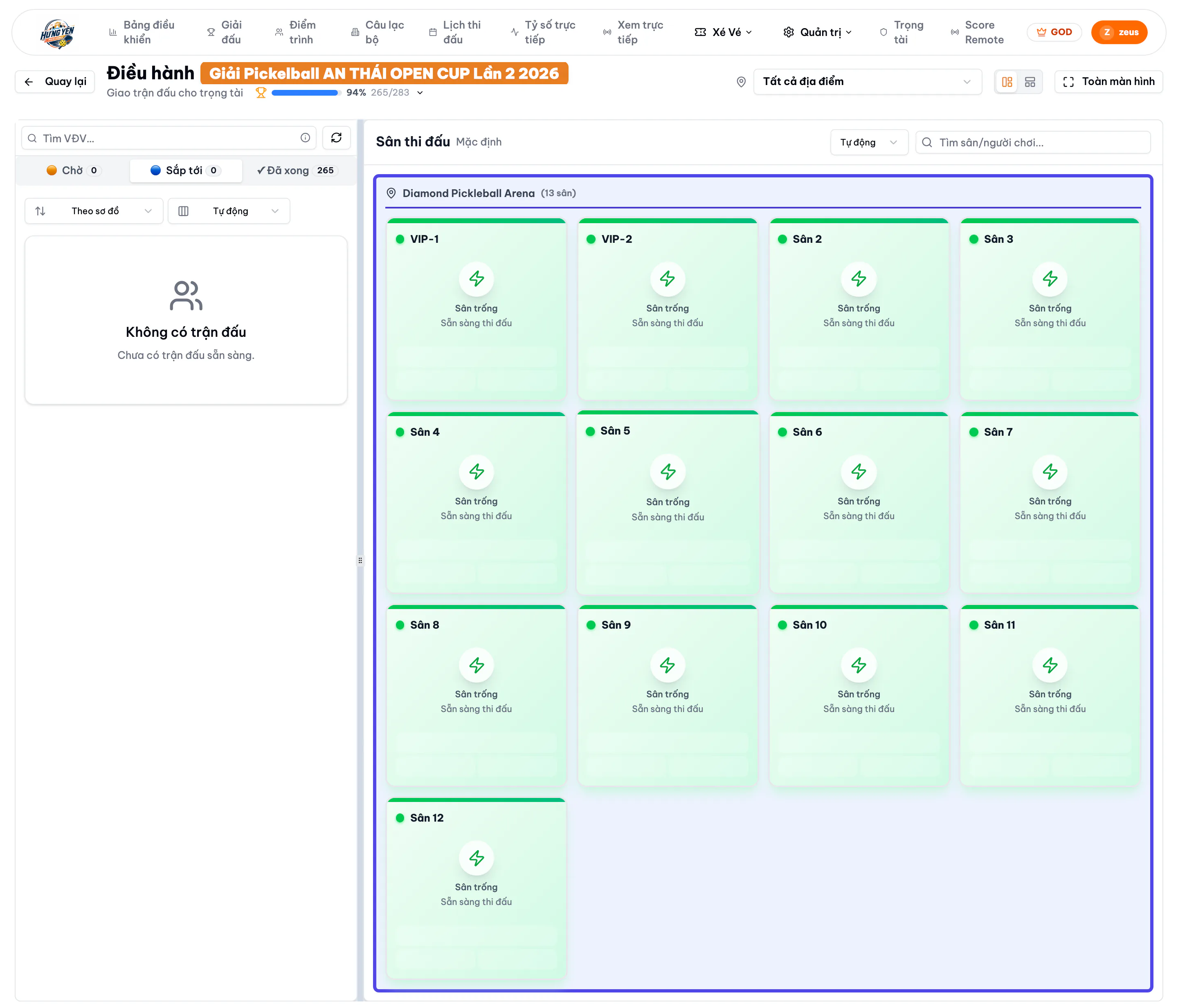 Dashboard điều hành ngày thi đấu